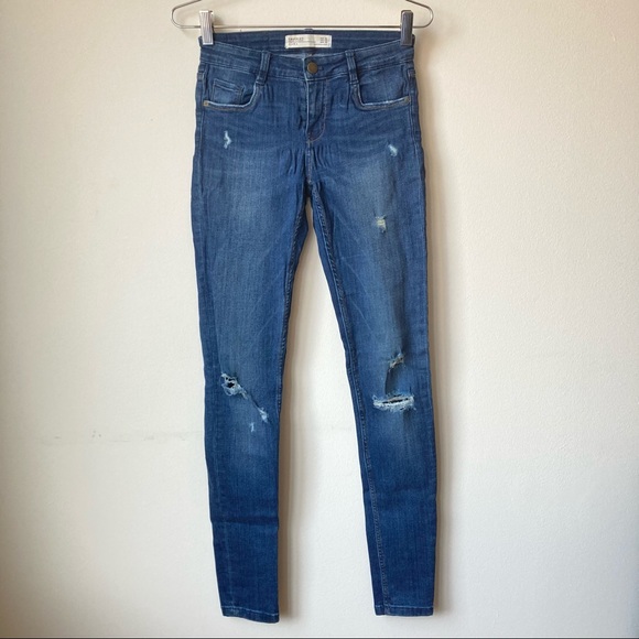 Zara Distressed Deconstructed Ripped Skinny Stretch Medium Blue Jeans Women 4 - Picture 1 of 5